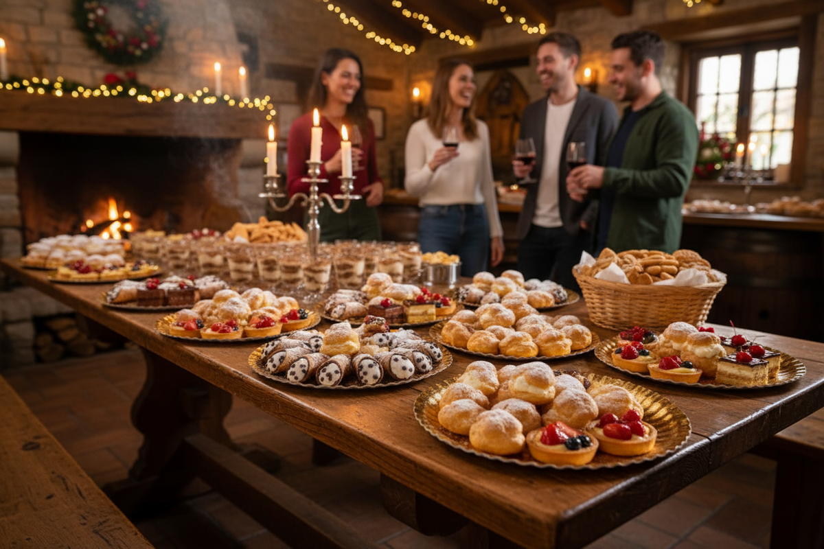 Buffet tavernetta con vassoi dorati e dolci assortiti