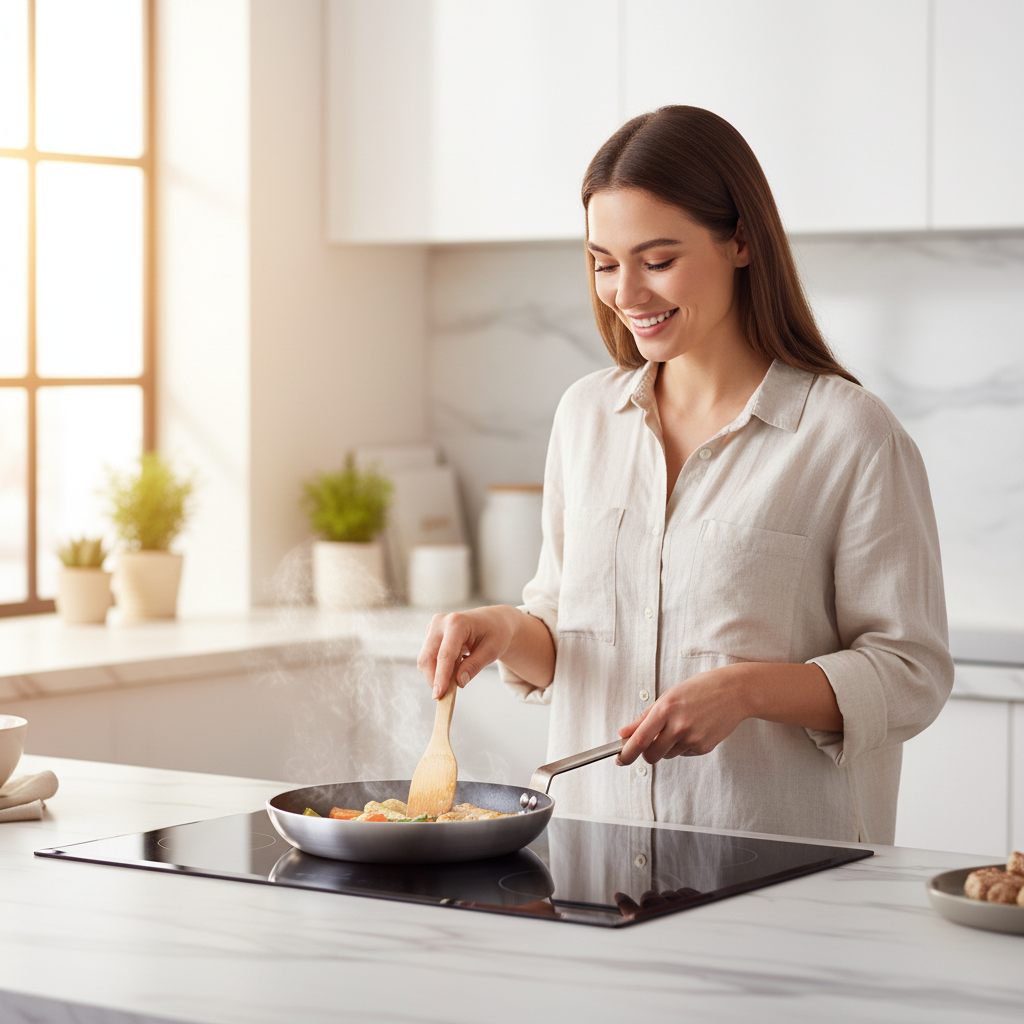 Donna che frigge in cucina bianca con padella antiaderente