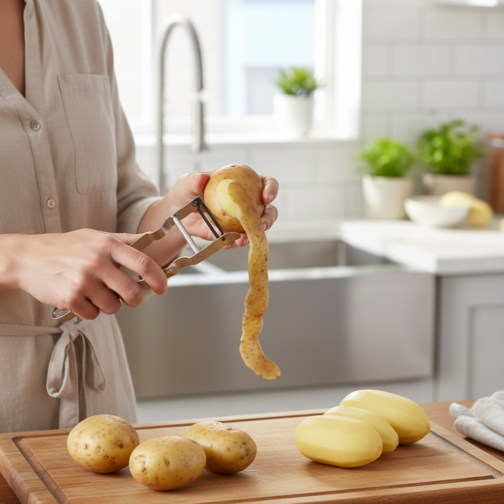 Donna che sbuccia le patate