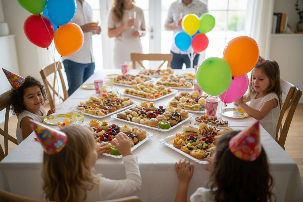 Festa bambini con vassoi bianchi dolce e salato