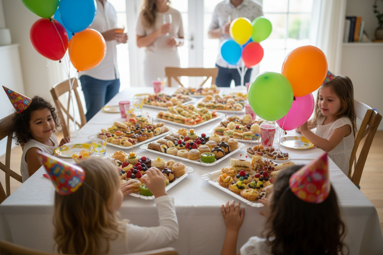 Festa bambini con vassoi bianchi dolce e salato