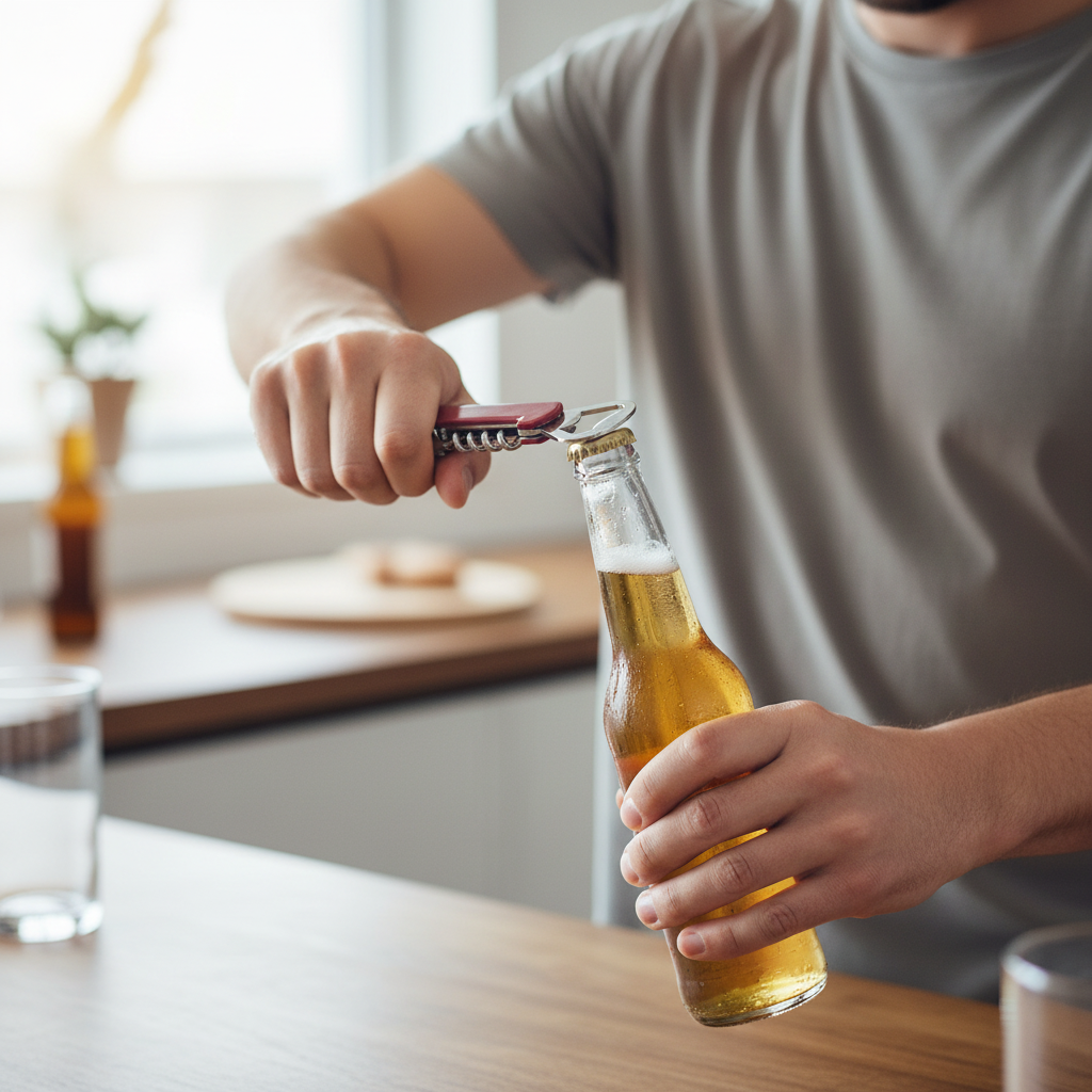 Uomo che stappa una birra con il cavatappi multifunzione rosso