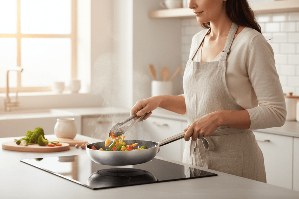 Donna che cucina con padella antiaderente alta