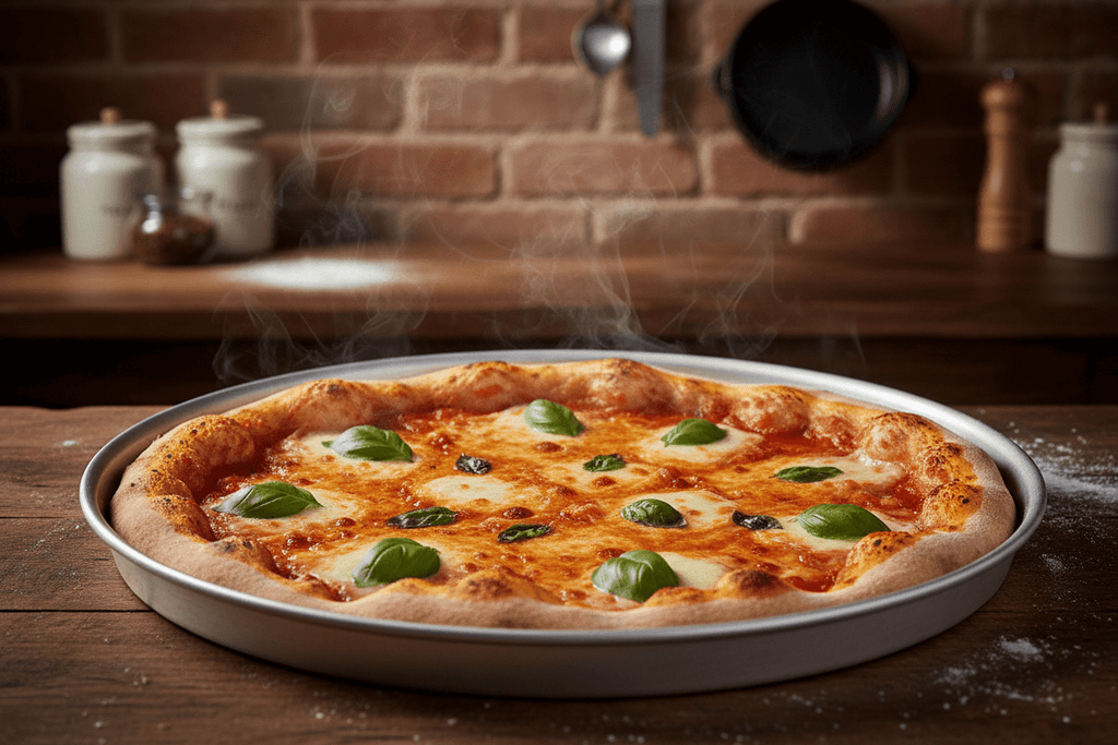Pizza bordo sottile nella teglia rotonda in alluminio
