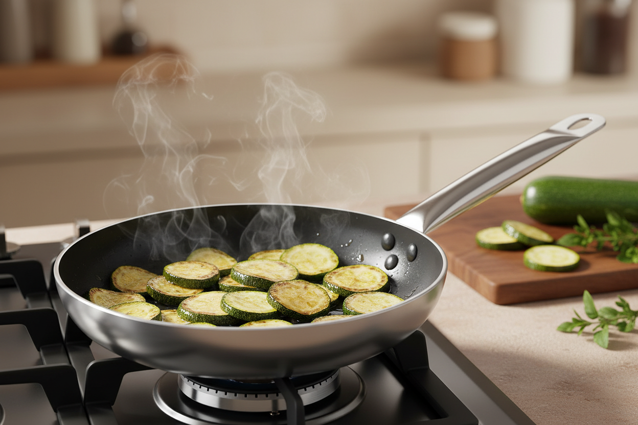 Zucchine soffritte nella padella antiaderente bassa