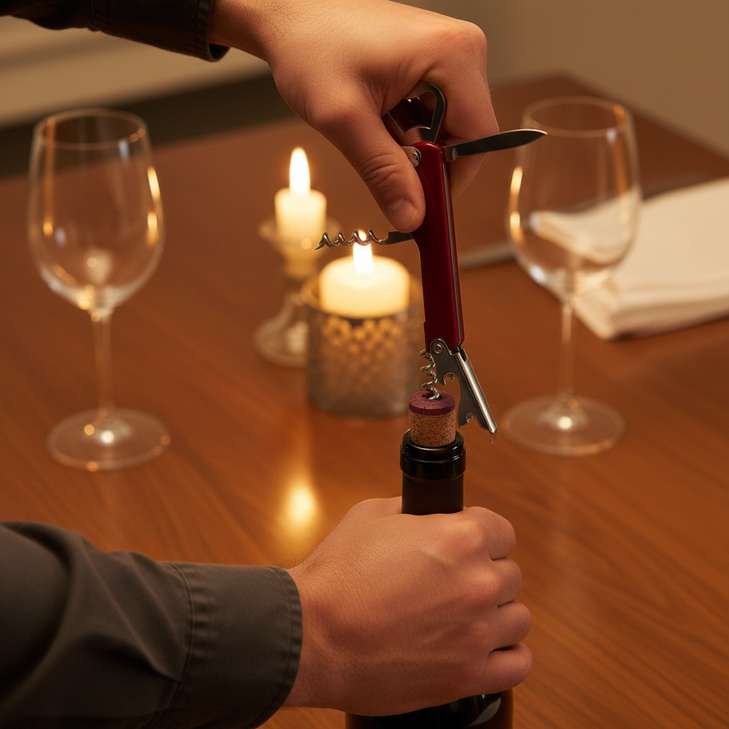 Uomo che apre bottiglia di vino con cavatappi multifunzione rosso