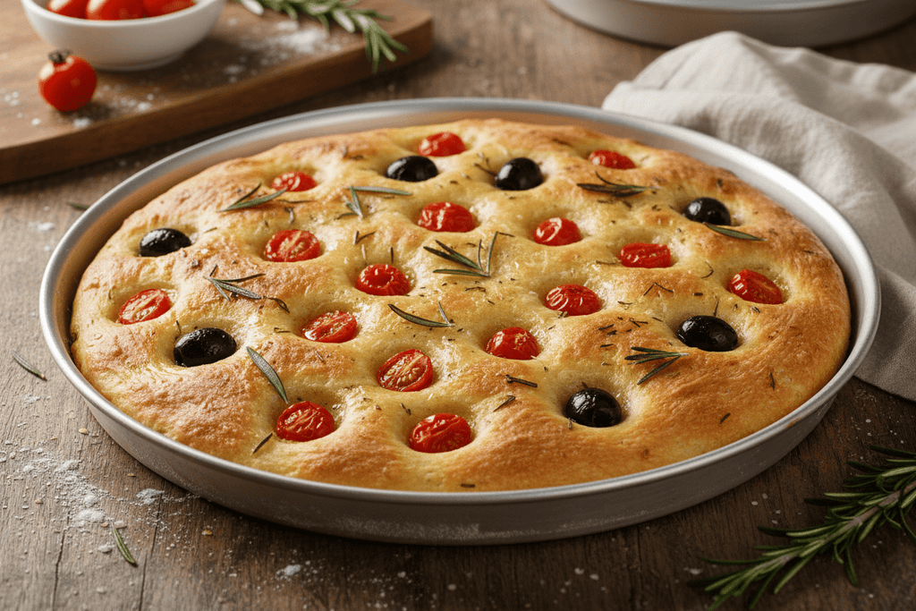 Focaccia barese nella teglia rotonda in alluminio