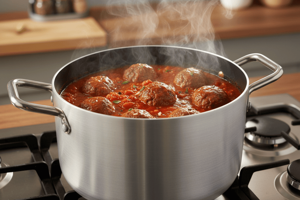 Sugo con polpette nella pentola antiaderente