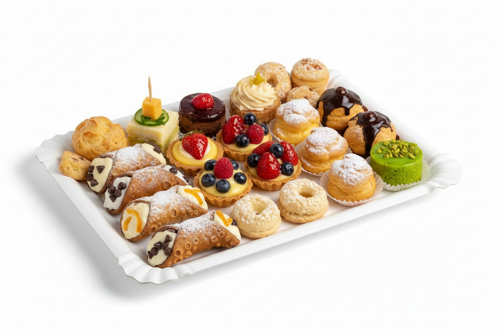 Vassoio rettangolare bianco con dolci assortiti