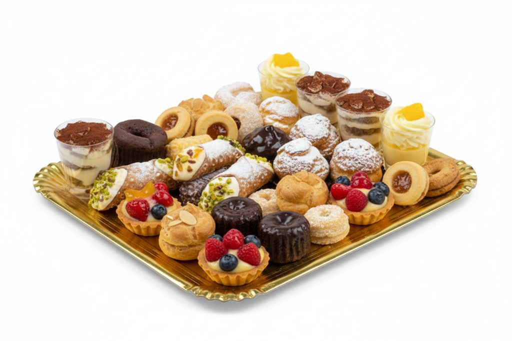 Vassoio rettangolare dorato con dolci assortiti